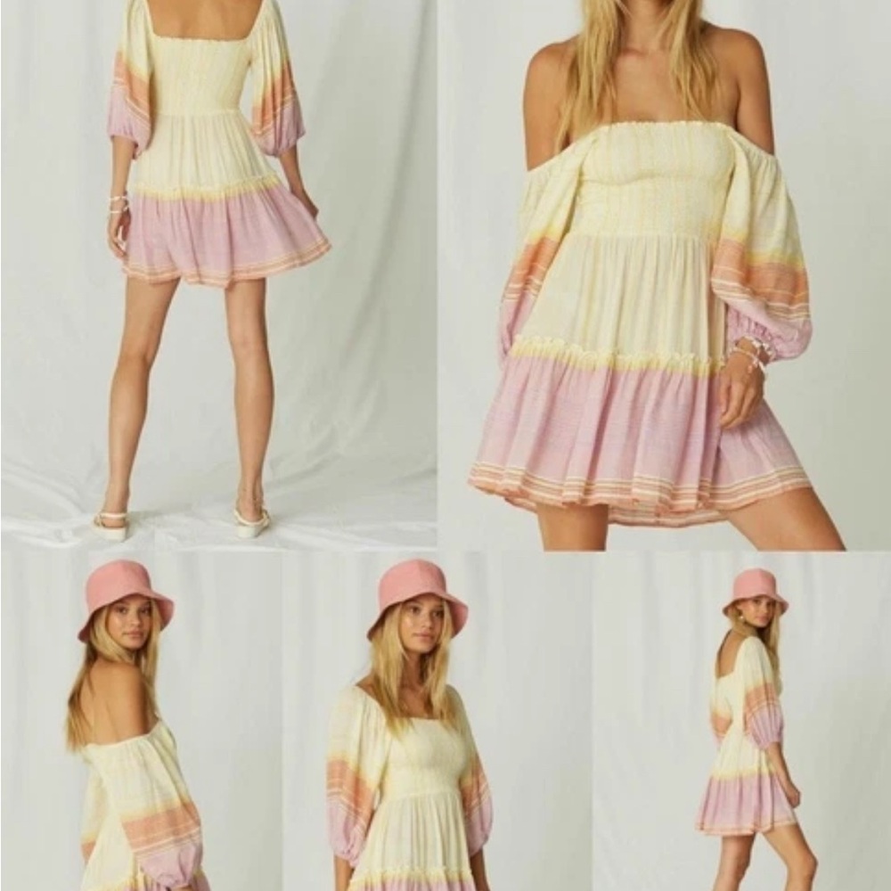 Jen's Pirate Booty Cream and Pink Off-Shoulder Smocked Mini Dress